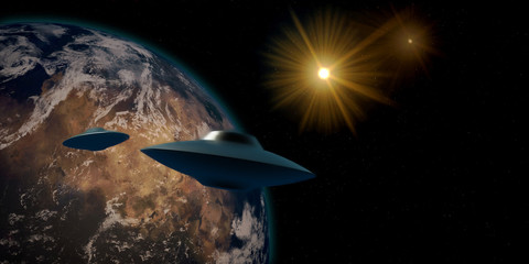 Extremely detailed and realistic high resolution 3D illustration of an Alien UFO Space Ship flying from an Earth like Exoplanet. Shot from Space. Elements of this image are furnished by Nasa. © Sasa Kadrijevic
