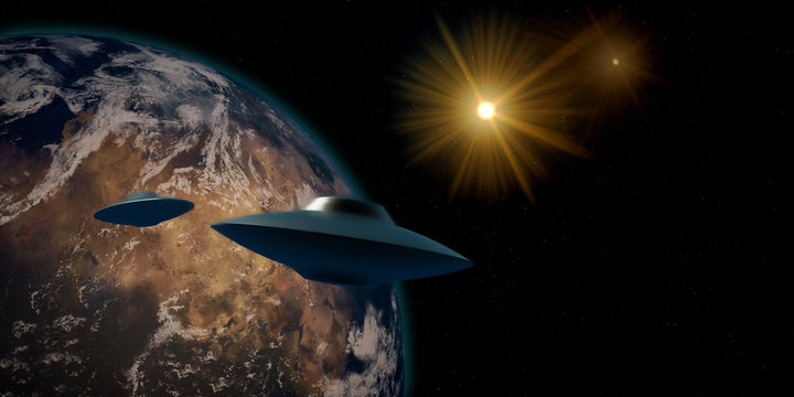 Extremely detailed and realistic high resolution 3D illustration of an Alien UFO Space Ship flying from an Earth like Exoplanet. Shot from Space. Elements of this image are furnished by Nasa.