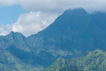 Naklejka premium Mount Waialeale on a cloudy day, with a lush jungle in the foreground