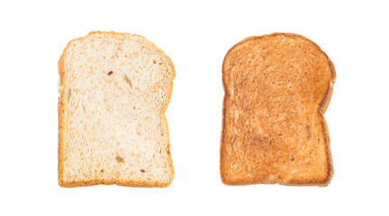 Natural grains (barley, buckwheat, corn, flaxseed, millet, rice, rye, sesame, spelt, sunflower, triticale, and wheat) sliced and toasted breads isolated on white background (Clipping paths included)