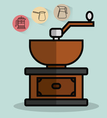 coffee grinder and coffee related icons over blue background colorful design vector illustration