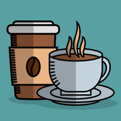 coffee cup and hot coffee mug icon over blue background colorful design vector illustration