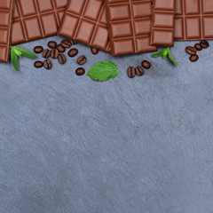 Schokolade Milchschokolade Tafel Schiefertafel quadratisch Essen Textfreiraum von oben