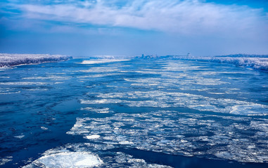 Frozen river. Danube river, Ruse city, Bulgaria.