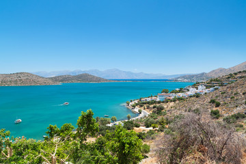Fototapeta na wymiar Mirabello Bay view with Spinalonga island on Crete, Greece