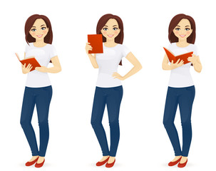 Obraz premium Woman in jeans with book vector illustration