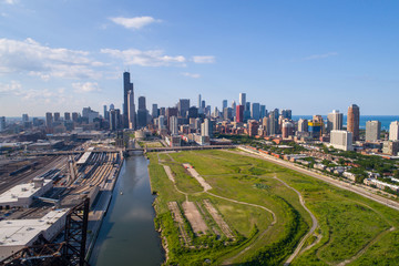 Naklejka na ściany i meble Aerial far shot of Downtown Chicago
