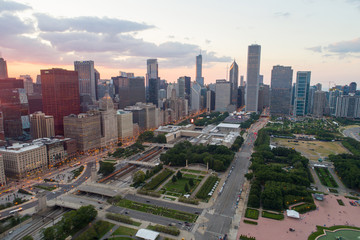 Naklejka na ściany i meble Aerial image Downtown Chicago Millennium Park at sunset