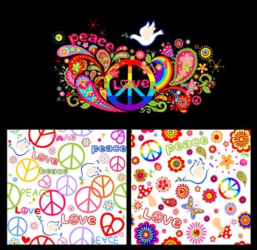 Colorful poster and wallpaper with abstract flowers, rainbow, hippie peace symbol and dove