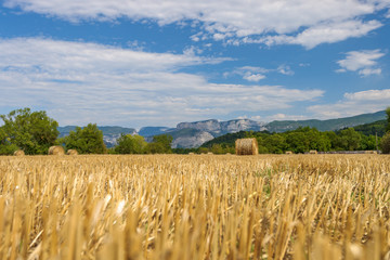 Mountain scenery with fields filled with hay bales and beautiful views