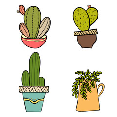 Cactus in pots. Cactus isolated on white background. Indoor plants in a flat style. Natural background with cacti. Vector illustration.