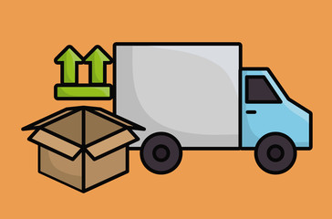 cargo truck and carton box icon over orange background colorful design vector illustration