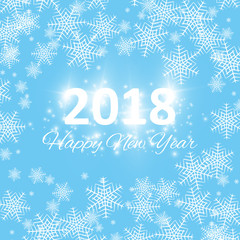 Merry Christmas and New Year 2018 typographical on holidays background with winter landscape with snowflakes, light, stars. Vector. Xmas card