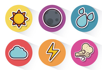 weather related icons over colorful circles and white background vector illustration