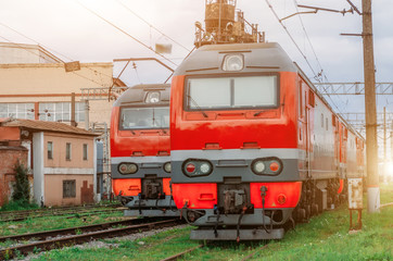 Fototapeta na wymiar Electric locomotives are lined up on the railway