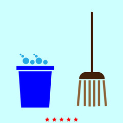 Bucket and broom  set  it is color icon .