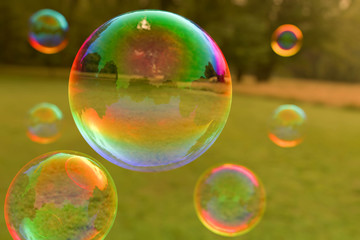 Colorful soap bubbles floating through the air