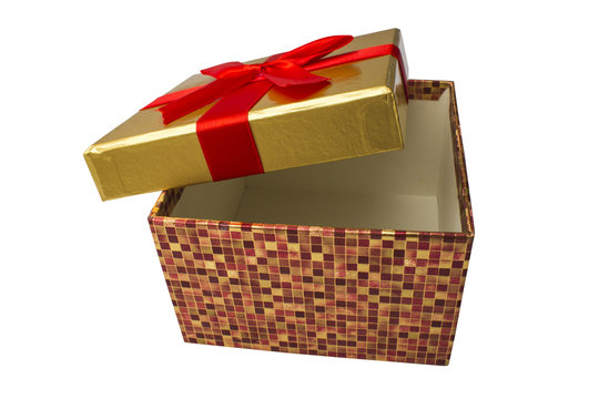 An open gift box with a red ribbon. Isolated. On a white background
