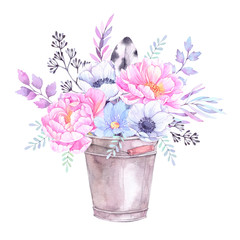 Watercolor illustration. Bucket with Floral elements. Bouquet with peonies, anemones, blue flowers, leaves and branches. Perfect for Wedding invitation, greeting card, prints or posters.