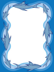 Stylized sharks and water surrounding a rectangular area with room for copy