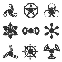 Extra style hand fidget spinner toy vector shape silhouette icon set. Stress and anxiety relief. Colorful illustrations, logo design