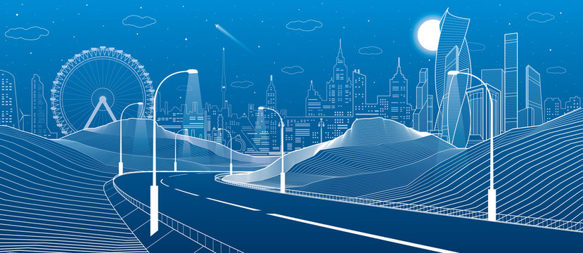 Illuminated highway in mouxntains. Infrastructure illustration. Modern city at background, tower and skyscrapers, business buildings, ferris wheel. Night scene. White lines. Vector design art
