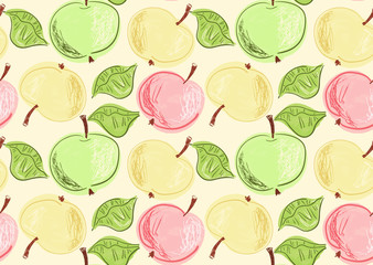 Hand drawn with pencils apples on yellow