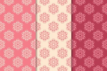 Set of floral ornaments. Cherry pink vertical seamless patterns