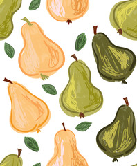 Hand drawn with pencils pears on white
