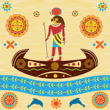 Ancient Egyptian god Ra floats on a boat with patterns and ornaments against the background of ancient papyrus or cloth.