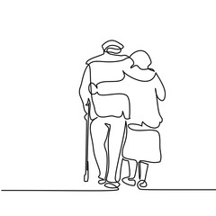 Continuous line drawing. Happy elderly couple hugging and walking. Vector illustration