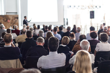 Speaker giving a talk in conference hall at business event. Audience at the conference hall....