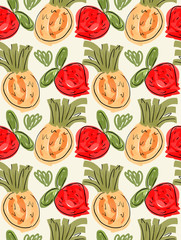 Roughly drawn strawberries and pineapples on yellow