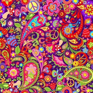Hippie vivid wallpaper with abstract colorful flowers, hippie peace symbol, mushrooms and paisley