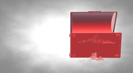 3d rendering of a reflective treasure box with coins near it