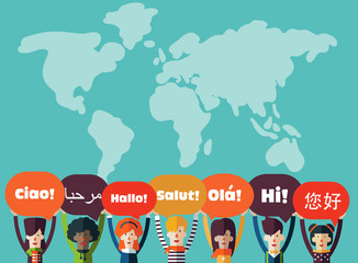 Group of happy smiling young people with speech bubbles in different languages. Male and female faces avatars in modern design style. Communication, teamwork, assistance and connection vector concept
