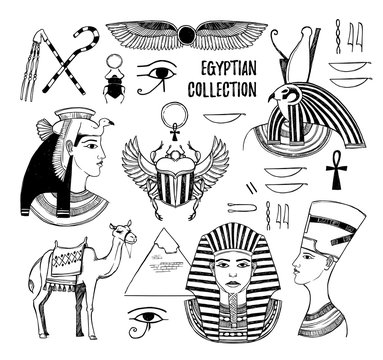 Hand drawn vector illustration - Egyptian collection. Gods of Ancient Egypt, Pharaoh, scarab beetle, camel, Egyptian symbols. Perfect for invitation, web, postcard, poster, textile, print etc.