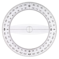 White plastic transparent protractor, isolated on white background