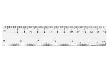 White plastic transparent ruler, isolated on white background