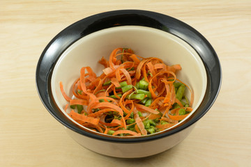 Healthy low calorie dog treat of carrot peels and ends of green beans in dog food bowl