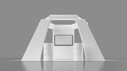 3d rendering of a white exhibition with a screen for branding