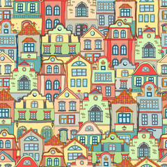Naklejka premium Seamless pattern with doodles colored scandinavian houses . Vector background .