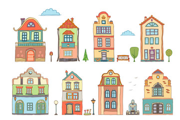 Set of colored scandinavian houses . Vector doodles