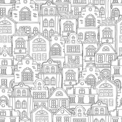 Seamless black contour pattern with houses . Vector doodles