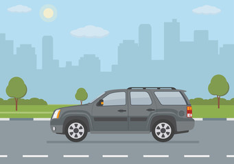 Fototapeta na wymiar Gray off-road car on city background. Vector illustration. 