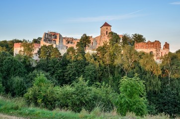 Fototapeta premium Beautiful historic castle ruins on a green hill. Ruins of Tenczyn Castle in Rudno, Poland.