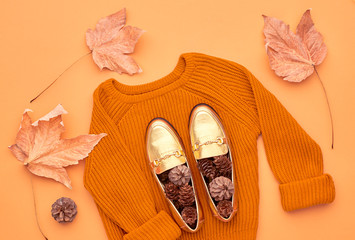 Autumn Arrives. Fashion Lady Clothes Set. Trendy Knit Jumper. Fashion Stylish Glamour Shoes. Fall Leaves. Vintage. Vanilla Pastel colors.