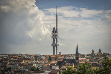 televison tower in stormy Prague cityscape