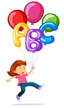 Girl flying with colorful balloons