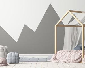 Mock up poster in the children's bedroom with a canopy. Scandinavian style. 3d